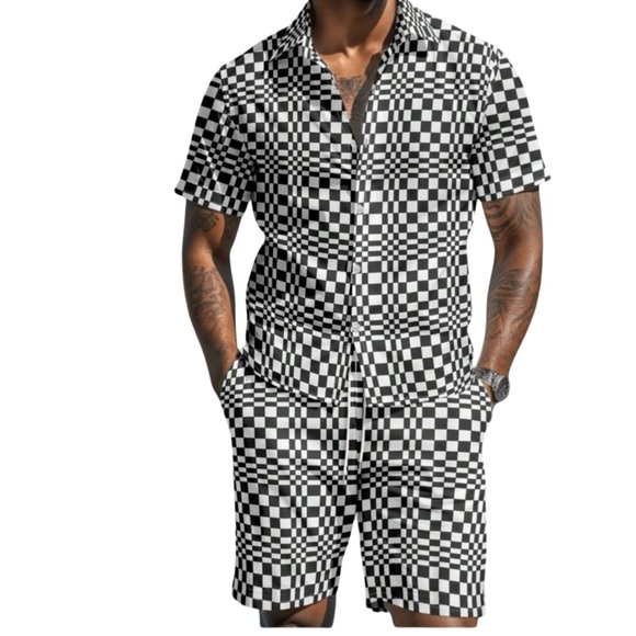 Festival Checkered Black and White Short Sleeve 2 piece Men Coachella vibes - Picture 1 of 5